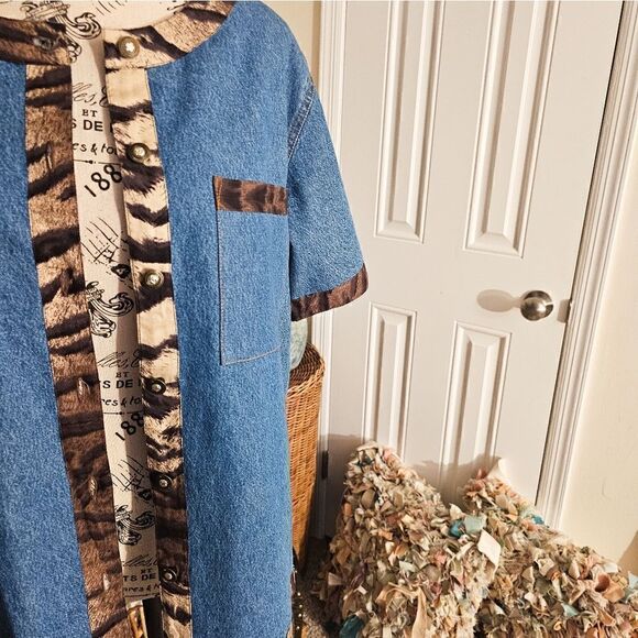 Vtg 80's Studio West Boxy Animal Print Trim Denim Short Sleeve Jacket. - Picture 7 of 15
